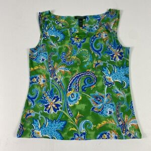Lauren Ralph Lauren Tank Top Womens L Green Boat Neck Polyester Spandex Floral